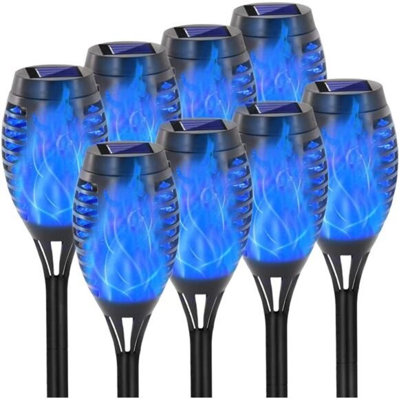 8 Pack Blue Solar Torch Light with Flickering Flame, 12 LED Solar Torches